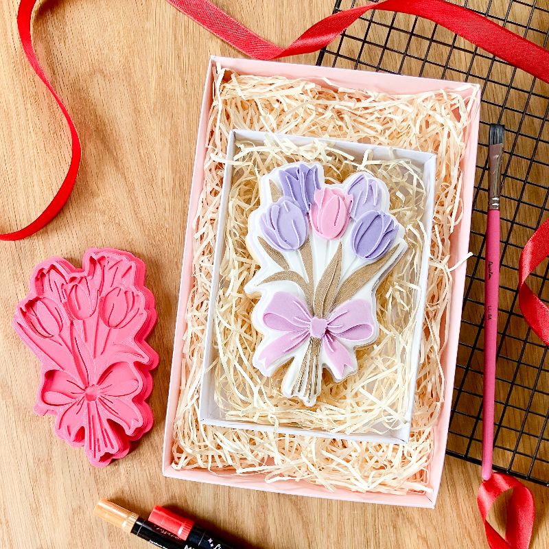 Tulip Bouquet with Bow Large 3D Cookie Stamp and Cutter - suitable for two tone effect