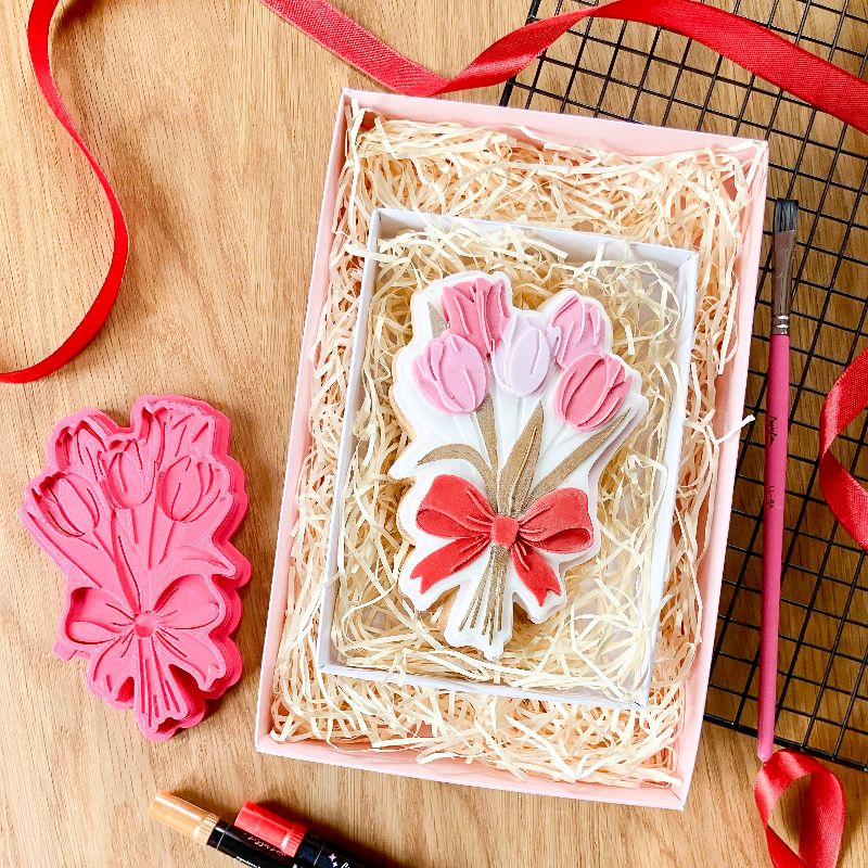 Tulip Bouquet with Bow Large 3D Cookie Stamp and Cutter - suitable for two tone effect