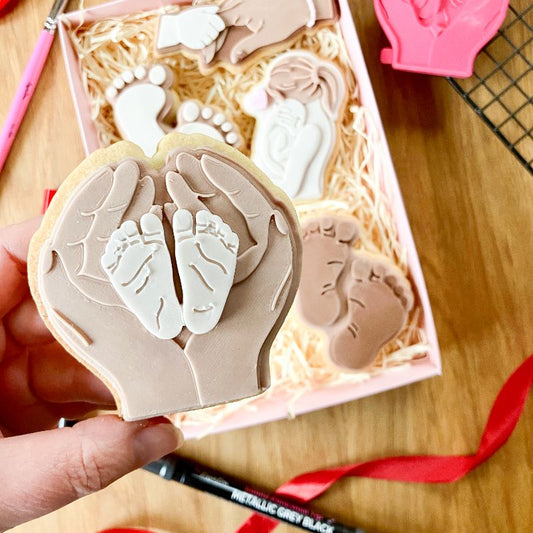 Mothers Hands holding Babies Feet 3D Cookie Stamp and Cutter - suitable for two tone effect