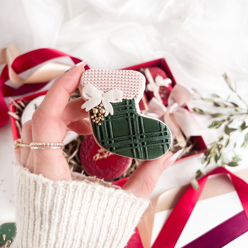 Christmas Stocking, Knitted and Gingham Pattern and Mini Bow Cookie Cutter and Multilayer Embosser Set