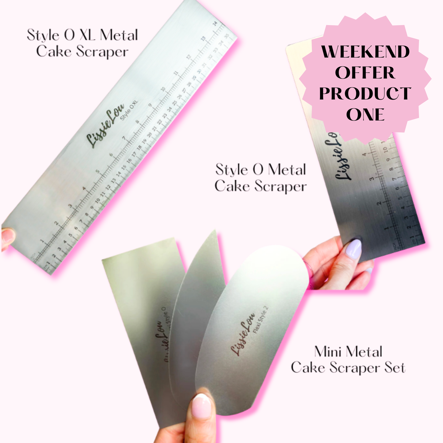 PINK WEEKEND OFFER PRODUCT 1: Mini Metal, Style 0 and Style 0 XL Cake Scraper Bundle