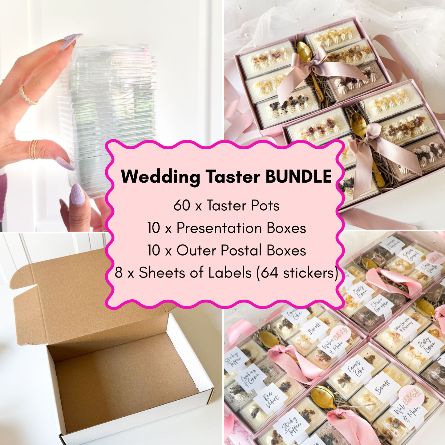 A 4-panel collage advertising a 'Wedding Taster BUNDLE' containing 60 taster pots, 10 presentation boxes, 10 outer postal boxes, and 8 sheets of labels. The panels show hands holding a stack of clear taster pots, several decorated gift boxes with pink ribbons, an open brown cardboard box, and multiple boxed tasters with handwritten labels.