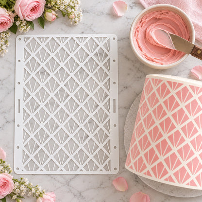 Art Deco Panels Large Pattern Cake Stencil - XL Size Design - flat lay of the stencil with royal icing