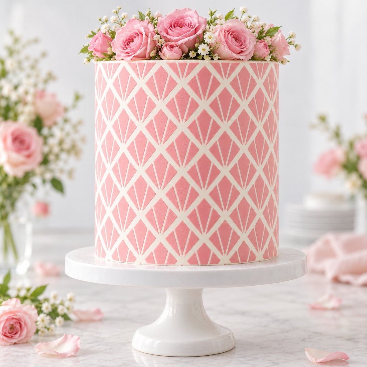 Art Deco Panels Large Pattern Cake Stencil - XL Size Design - cake decorated with the stencil design