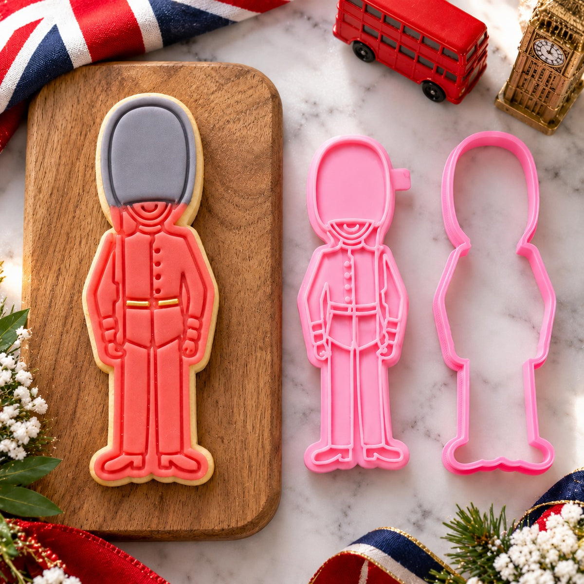 Beefeaters Royal Guard London Capital City Cookie Cutter and Stamp - flat lay with the finished cookie