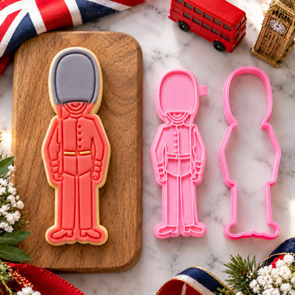 Beefeaters Royal Guard London Capital City Cookie Cutter and Stamp - flat lay with the finished cookie