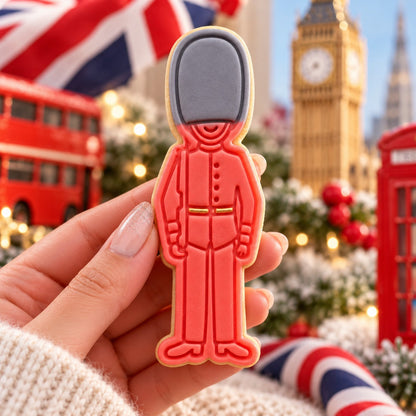 Beefeaters Royal Guard London Capital City Cookie Cutter and Stamp - decorated cookie held in hand