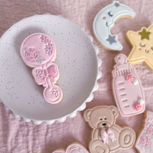 Pretty Flower Baby Rattle Baby Shower Cookie Cutter and Stamp