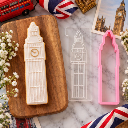 Big Ben London Capital City Cookie Cutter and Embosser - flat lay with the finished cookie