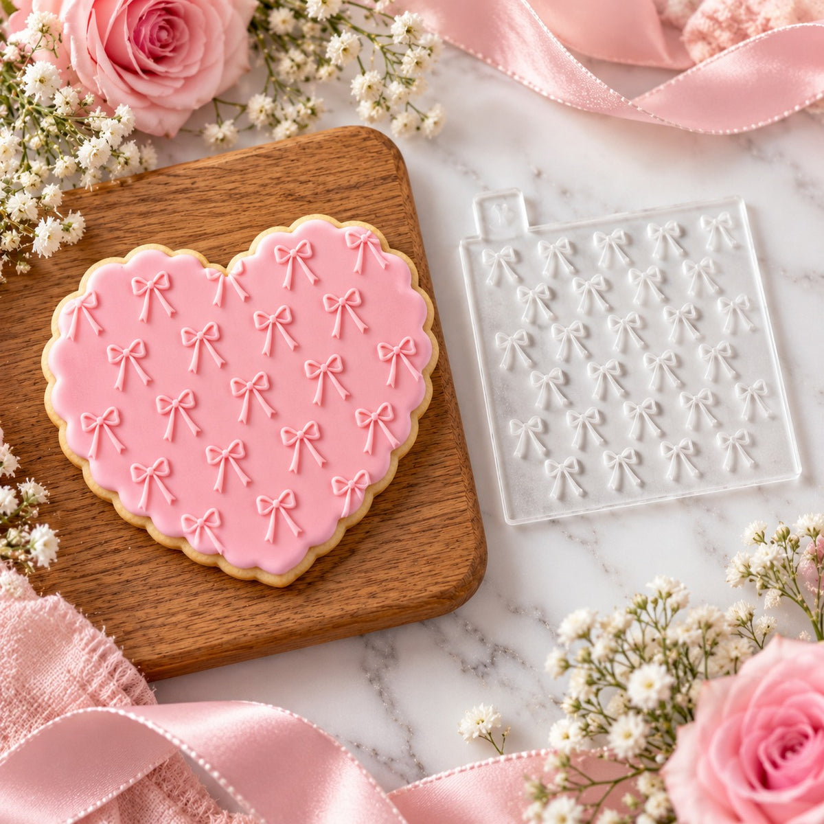 Bow Pattern Cookie Embosser - flat lay with the finished cookie