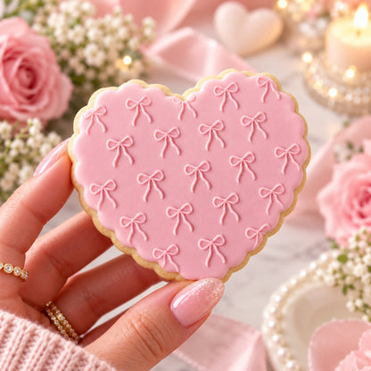 Bow Pattern Cookie Embosser - decorated cookie held in hand