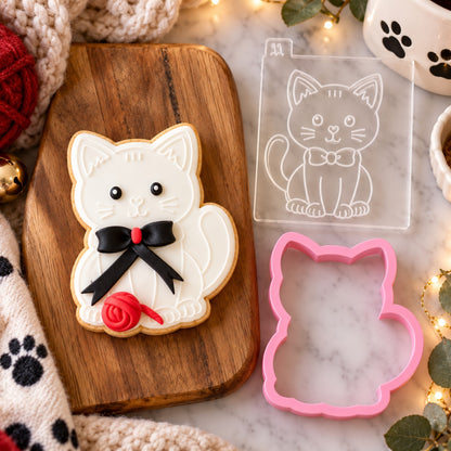Cat Pet Animal Cookie Cutter and Embosser - flat lay with the finished cookie