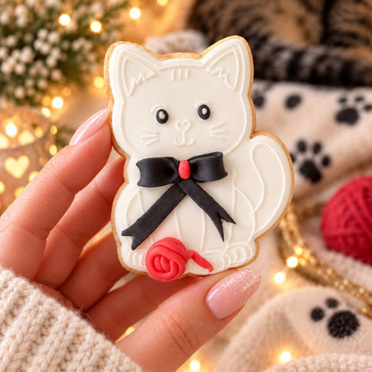 Cat Pet Animal Cookie Cutter and Embosser - decorated cookie held in hand