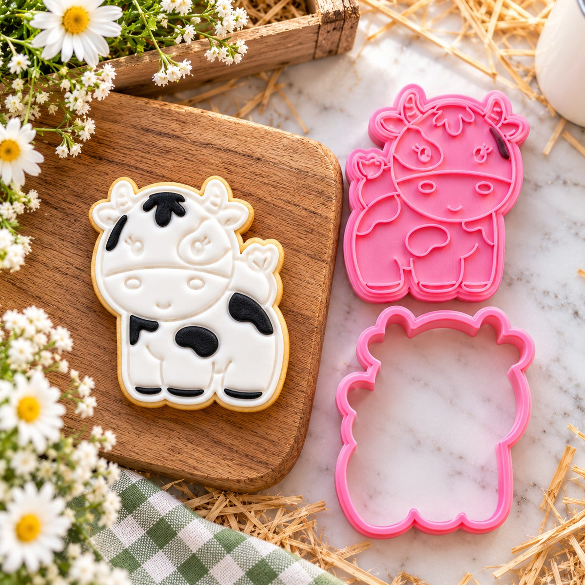 Cow Farm Yard Cookie Cutter and Stamp - flat lay with the finished cookie