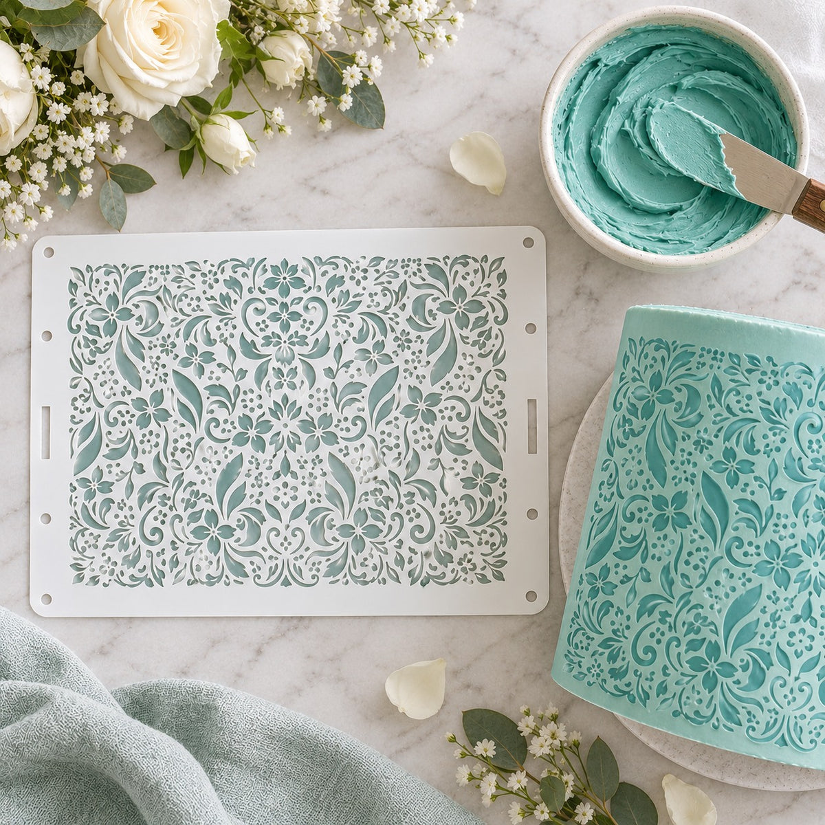 Dainty Decoration Cake Stencil - Full Size Design - flat lay of the stencil with royal icing