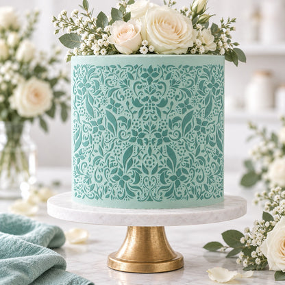Dainty Decoration Cake Stencil - Full Size Design - cake decorated with the stencil design