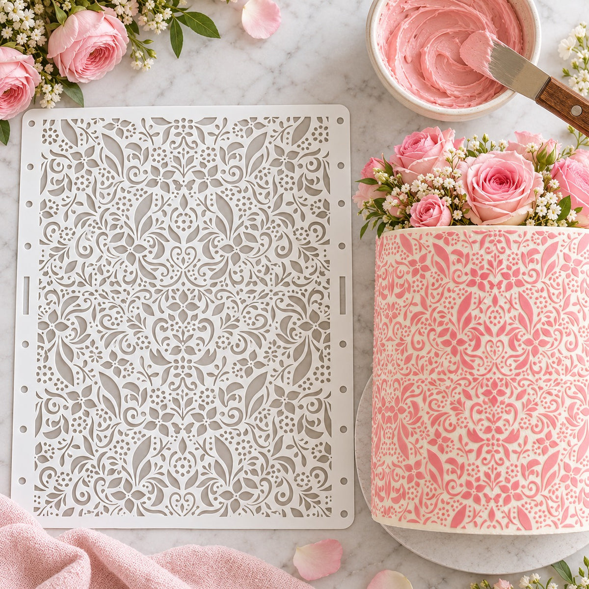 Dainty Decoration Cake Stencil - XL Size Design - flat lay of the stencil with royal icing