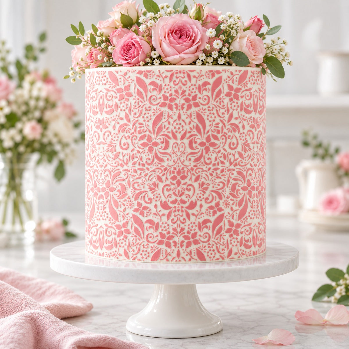 Dainty Decoration Cake Stencil - XL Size Design - cake decorated with the stencil design