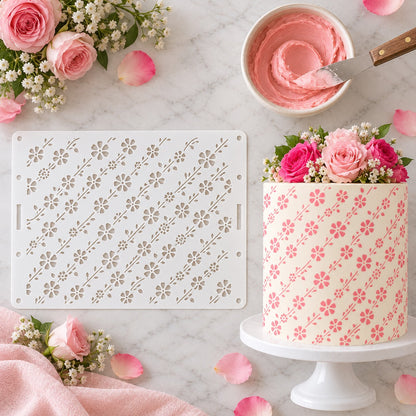Daisy Chain Cake Stencil by Wonderful Whitty Cakes - Full Size Design - flat lay of the stencil with royal icing