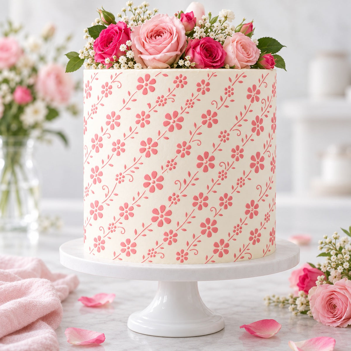 Daisy Chain Cake Stencil by Wonderful Whitty Cakes - Full Size Design - cake decorated with the stencil design
