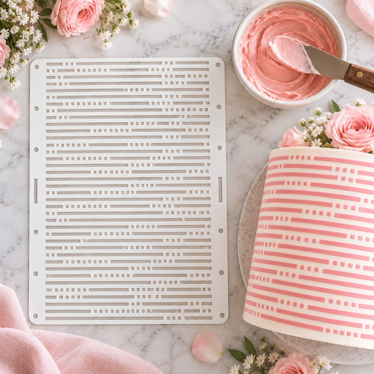 Dashing Lines Cake Stencil - XL Size Design - flat lay of the stencil with royal icing