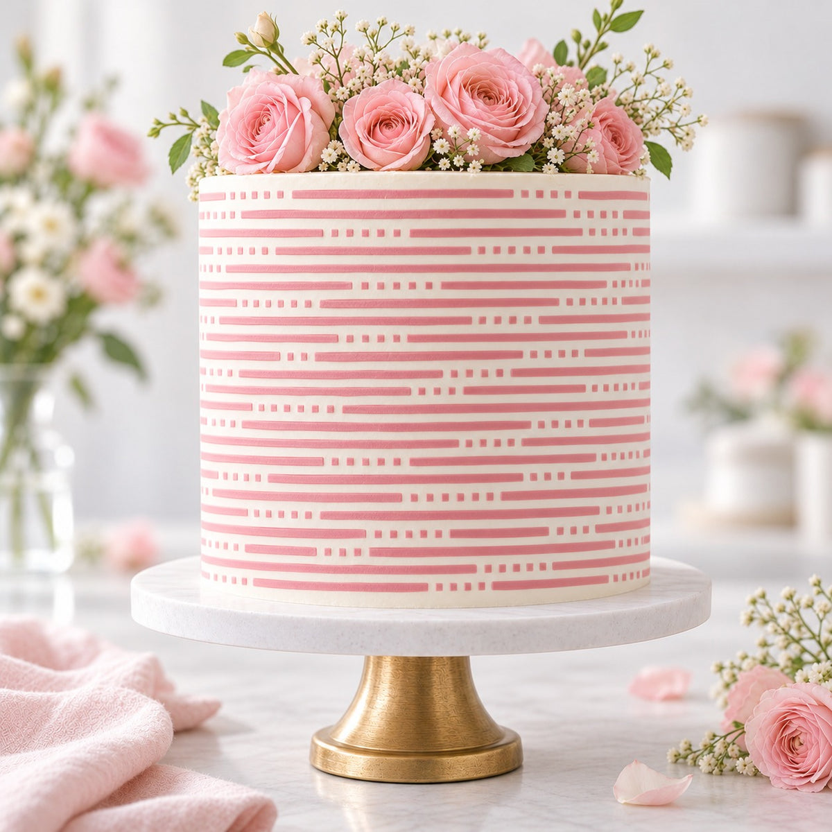 Dashing Lines Cake Stencil - XL Size Design - cake decorated with the stencil design