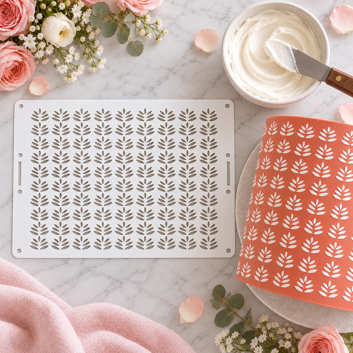 Delicate Petal Pattern Cake Stencil - Full Size Design - flat lay of the stencil with royal icing