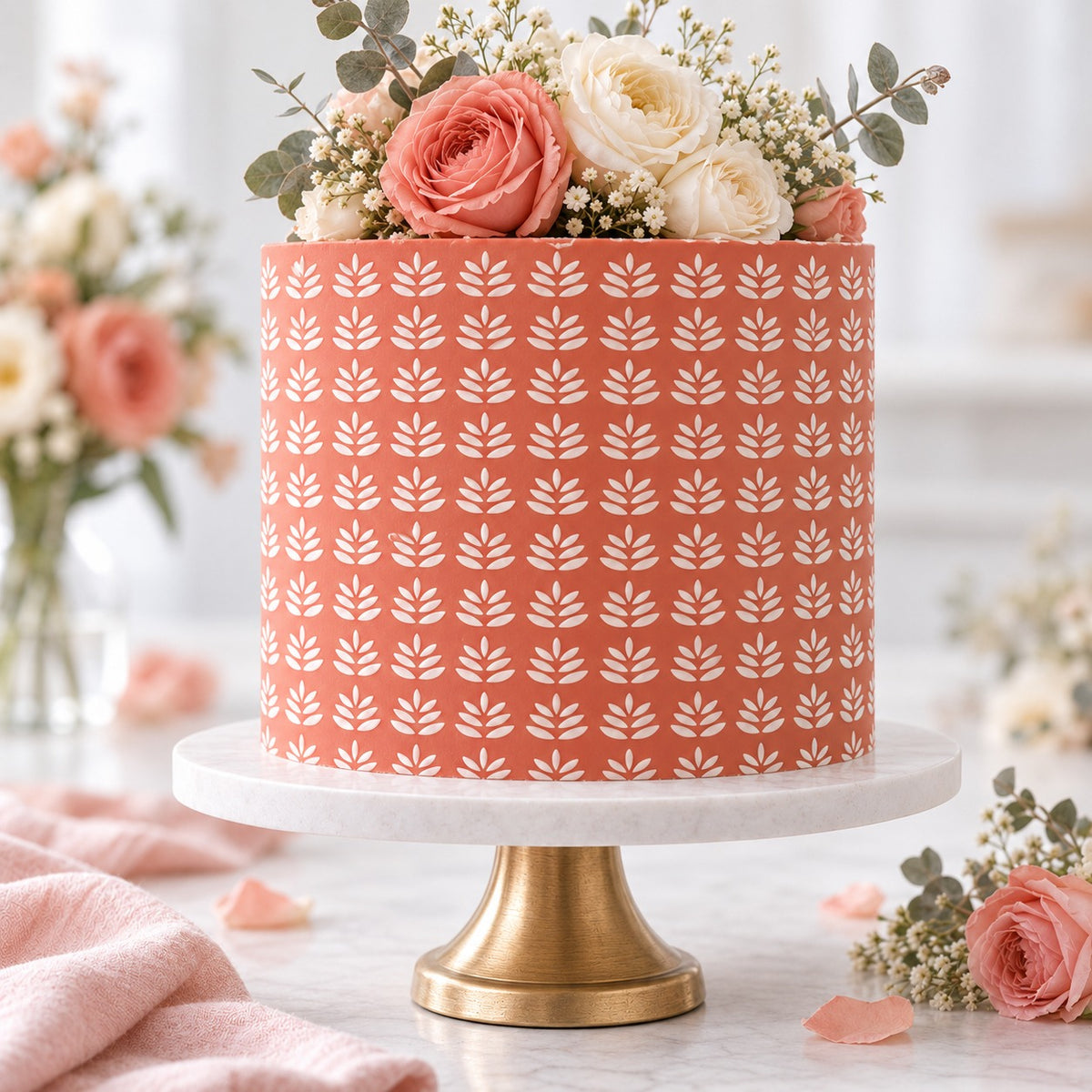 Delicate Petal Pattern Cake Stencil - Full Size Design - cake decorated with the stencil design
