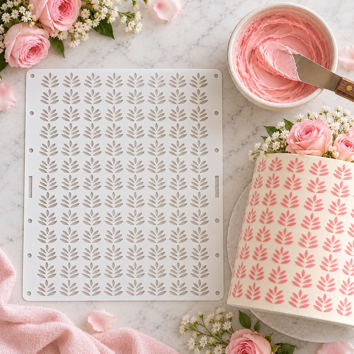 Delicate Petal Pattern Cake Stencil - XL Design Size - flat lay of the stencil with royal icing