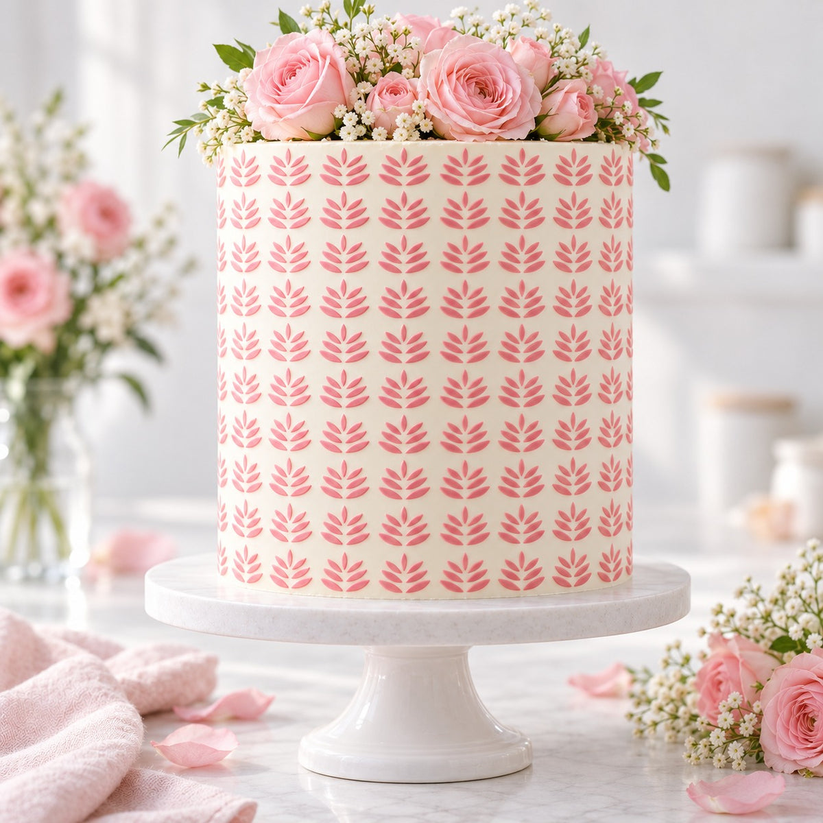 Delicate Petal Pattern Cake Stencil - XL Design Size - cake decorated with the stencil design