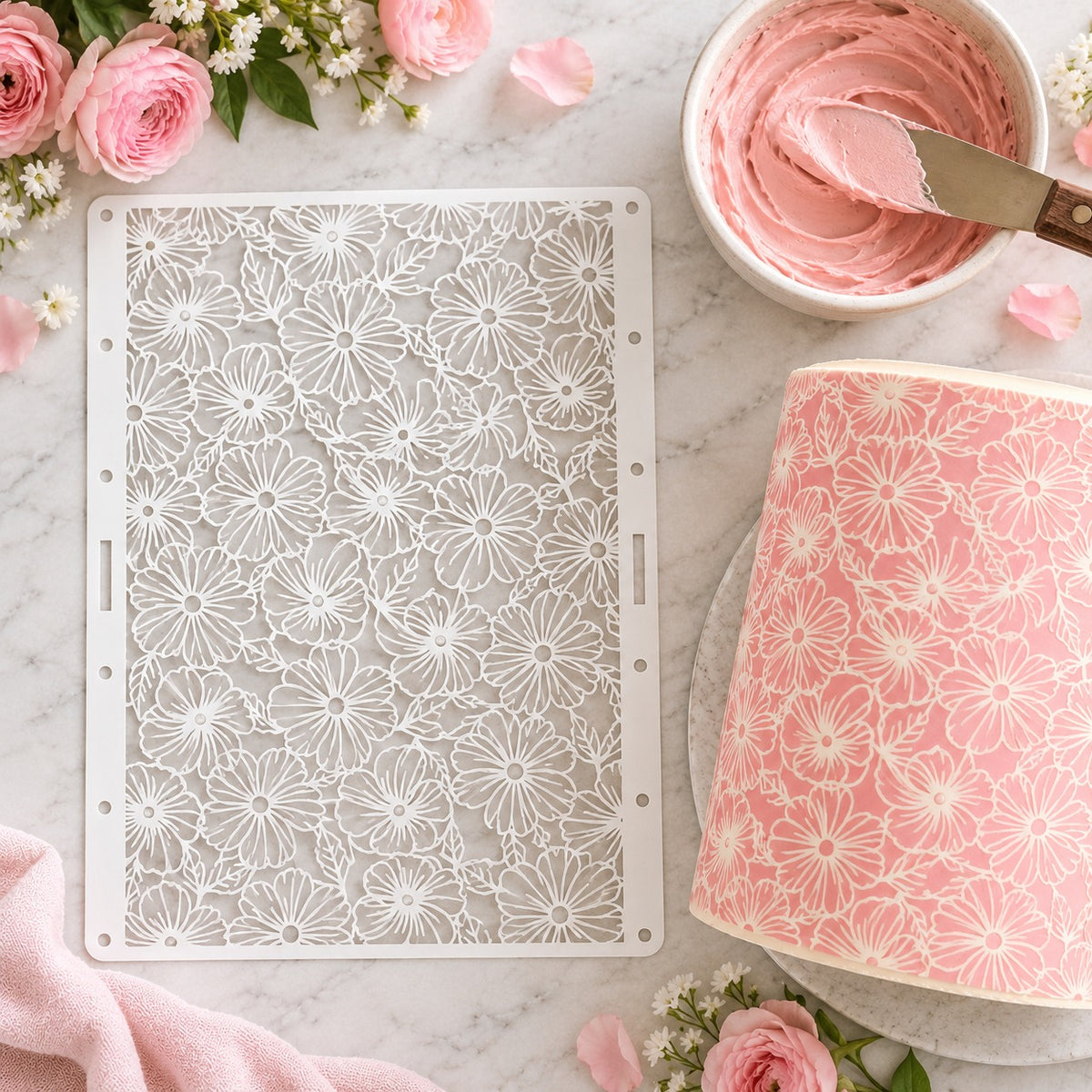 Detailed Pansy Cake Stencil - XL Design Size - flat lay of the stencil with royal icing