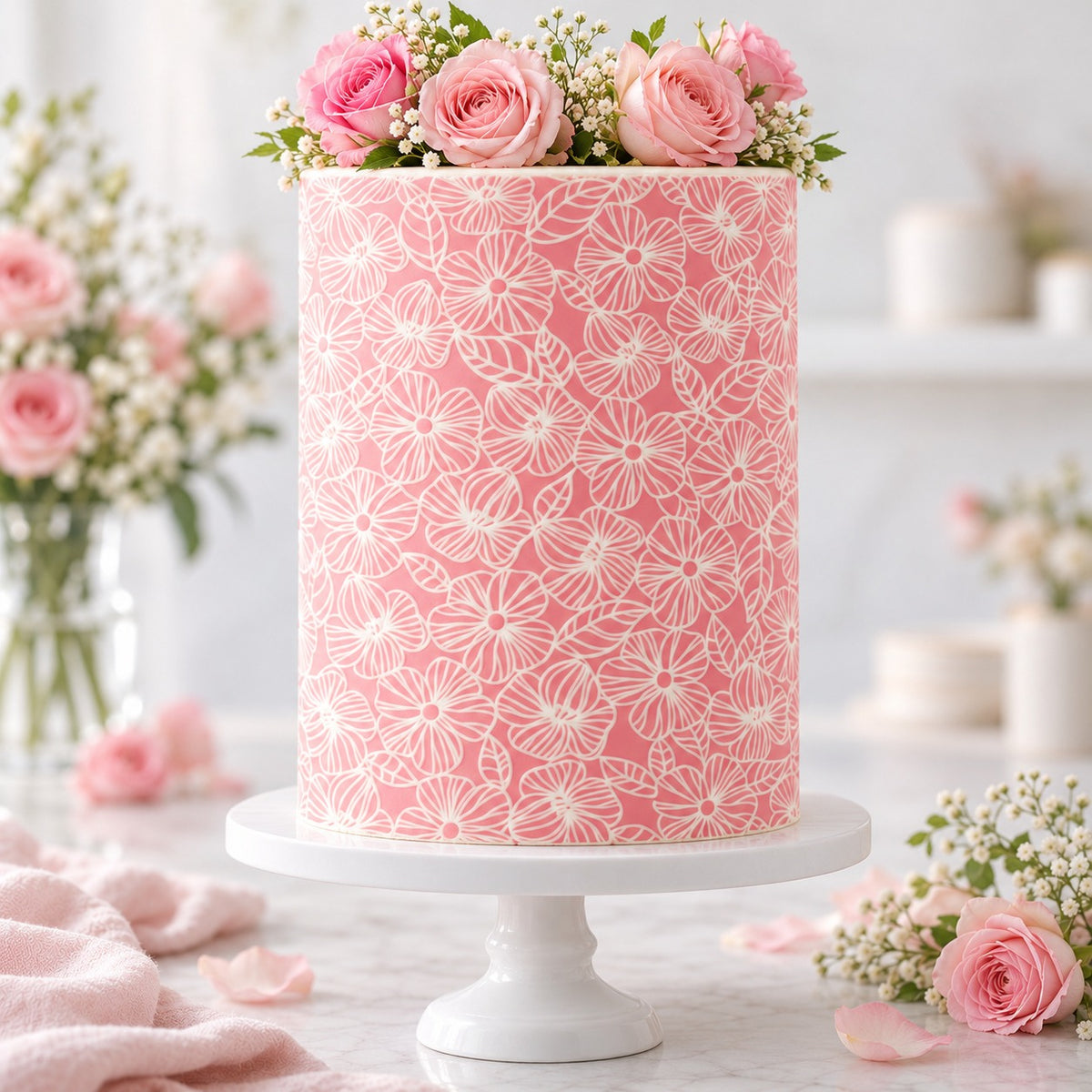 Detailed Pansy Cake Stencil - XL Design Size - cake decorated with the stencil design