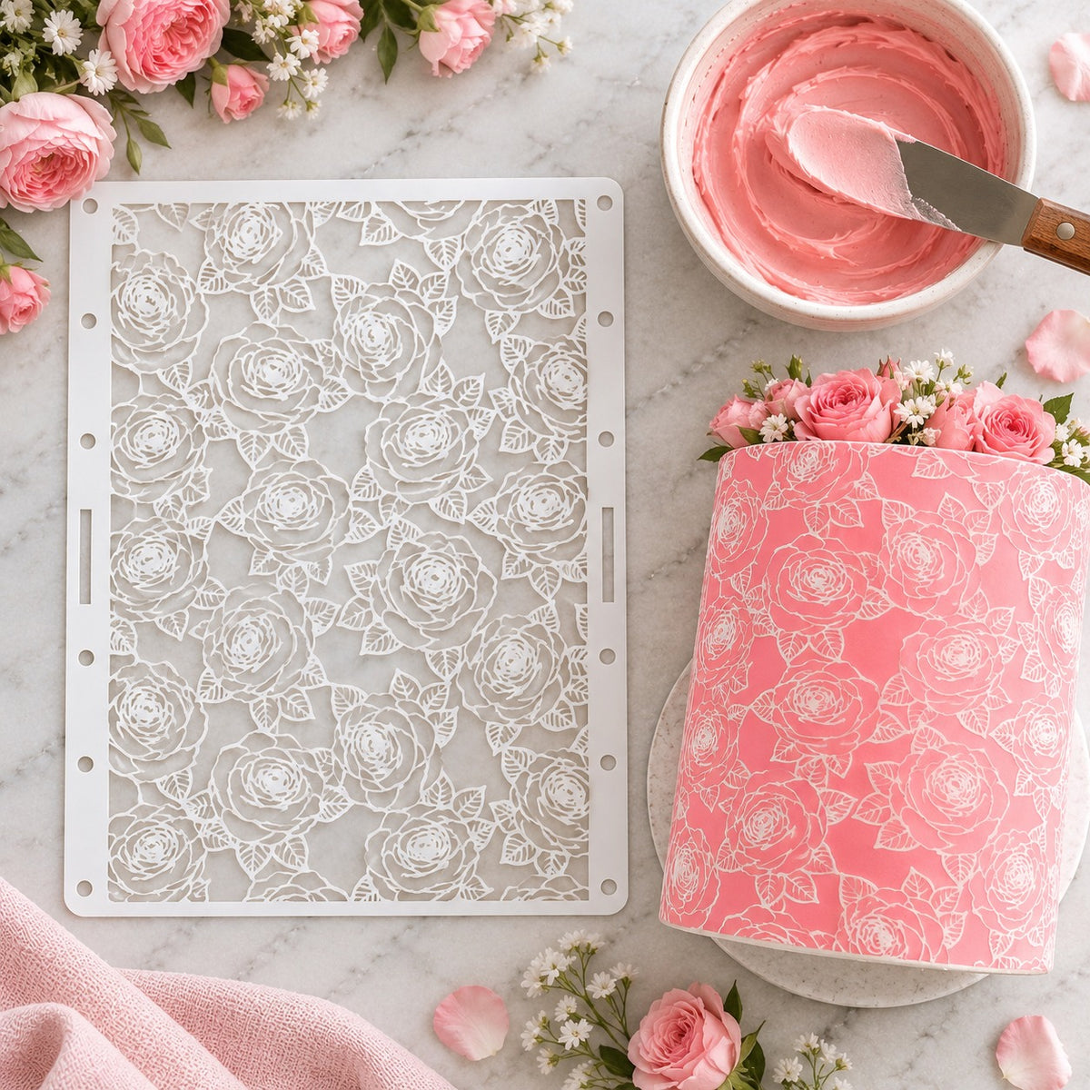 Detailed Rose Cake Stencil - XL Design Size - flat lay of the stencil with royal icing