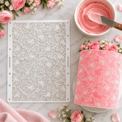 Detailed Rose Cake Stencil - XL Design Size - flat lay of the stencil with royal icing