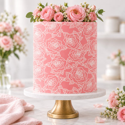 Detailed Rose Cake Stencil - XL Design Size - cake decorated with the stencil design