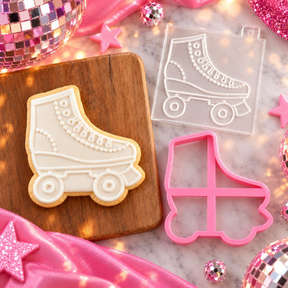 Doll Inspired Roller skate Cookie Cutter and Embosser - flat lay with the finished cookie