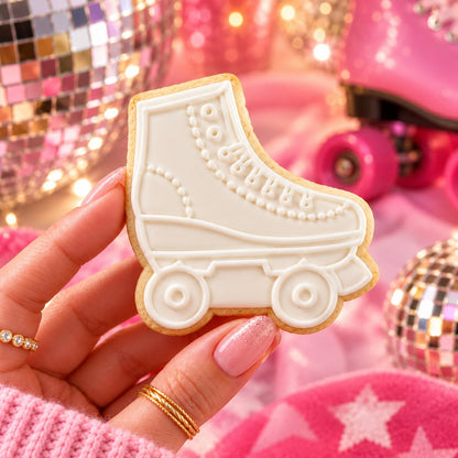 Doll Inspired Roller skate Cookie Cutter and Embosser - decorated cookie held in hand