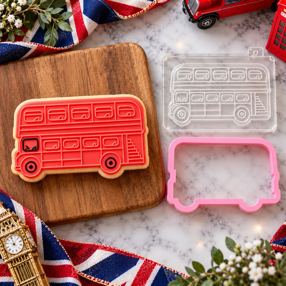 Double Decker Bus London Capital City Cookie Cutter and Embosser - flat lay with the finished cookie