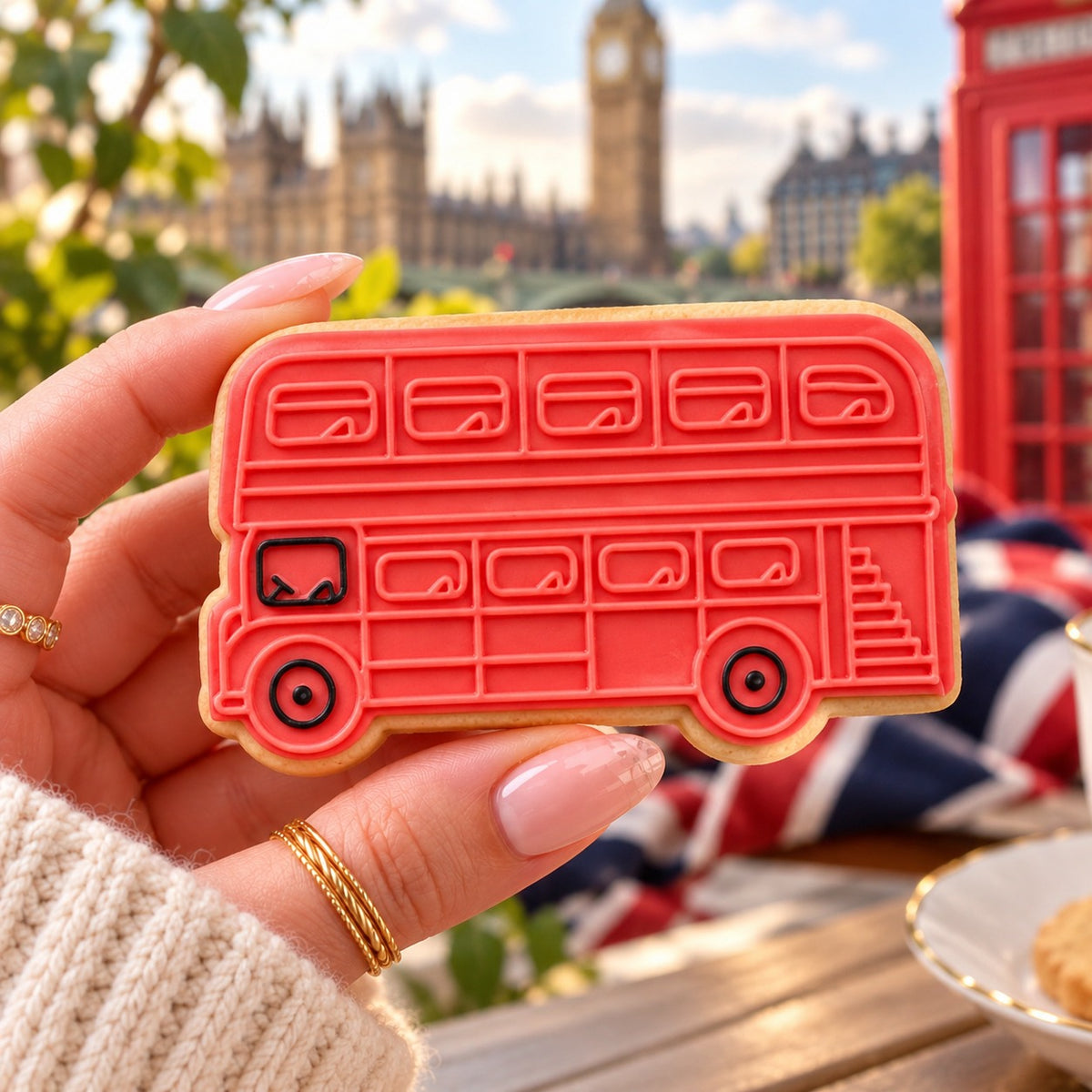 Double Decker Bus London Capital City Cookie Cutter and Embosser - decorated cookie held in hand