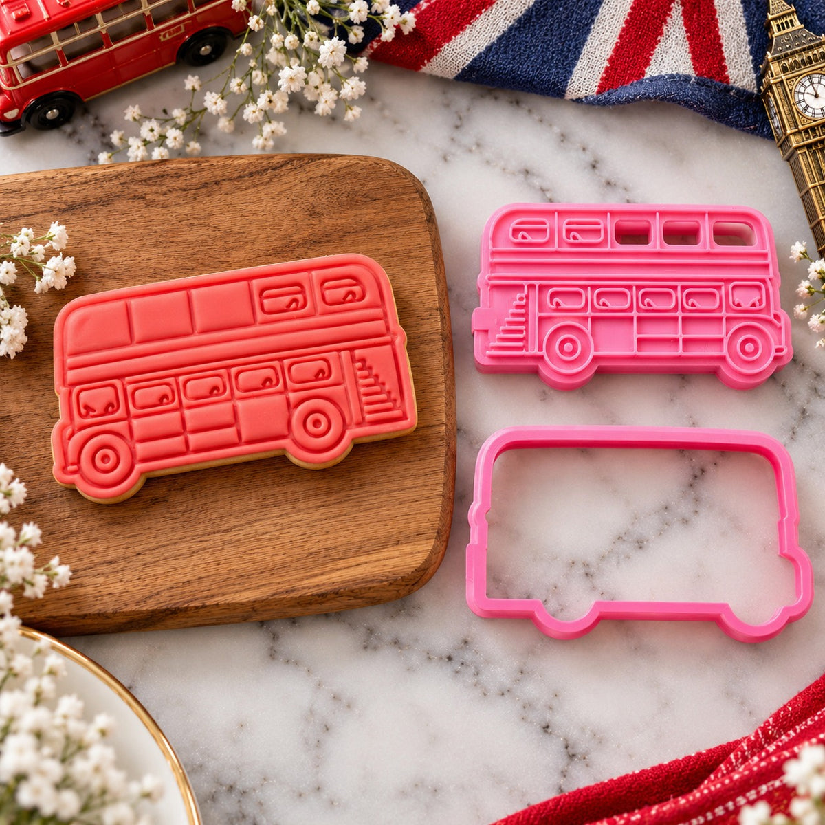 Double Decker Bus London Capital City Cookie Cutter and Stamp - flat lay with the finished cookie