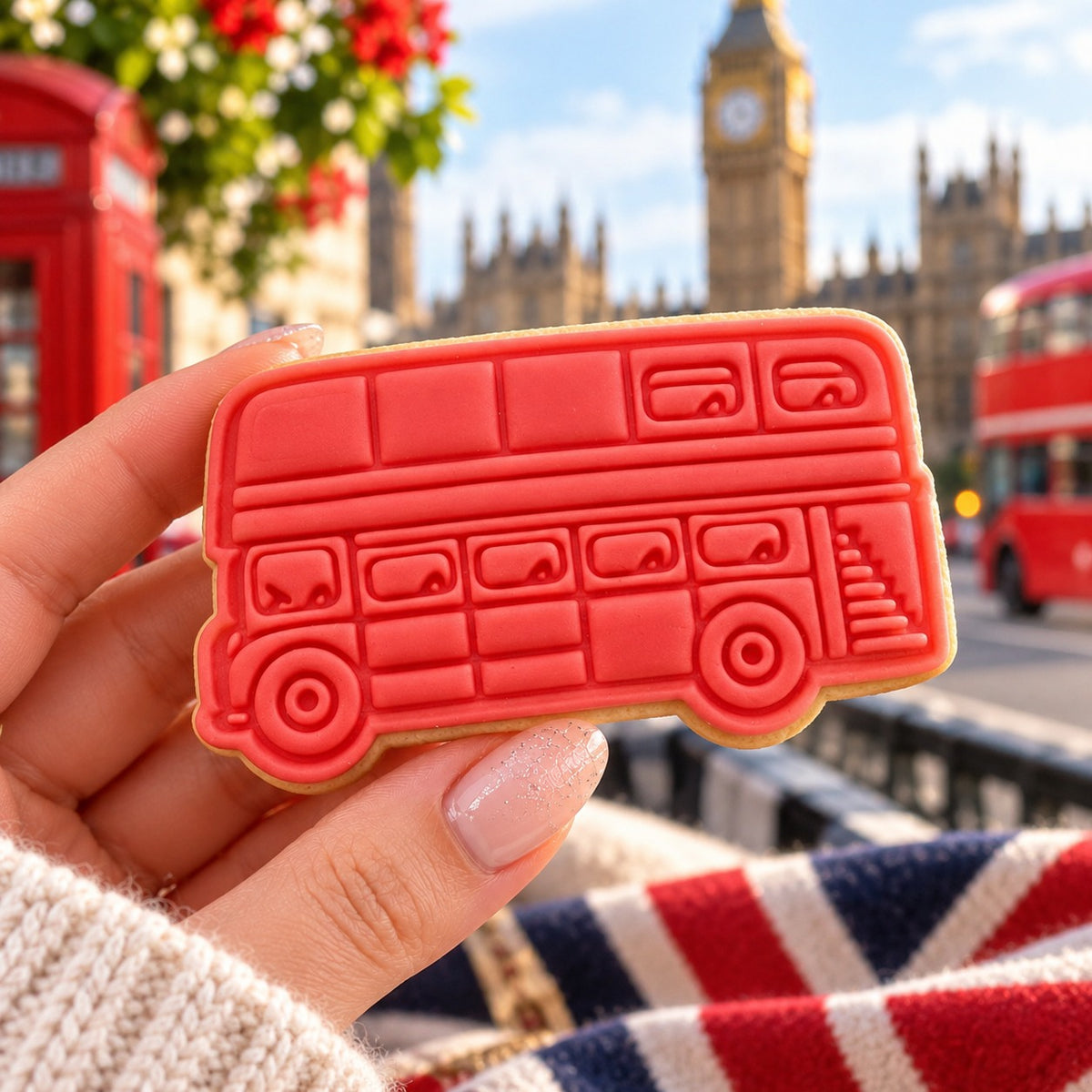 Double Decker Bus London Capital City Cookie Cutter and Stamp - decorated cookie held in hand