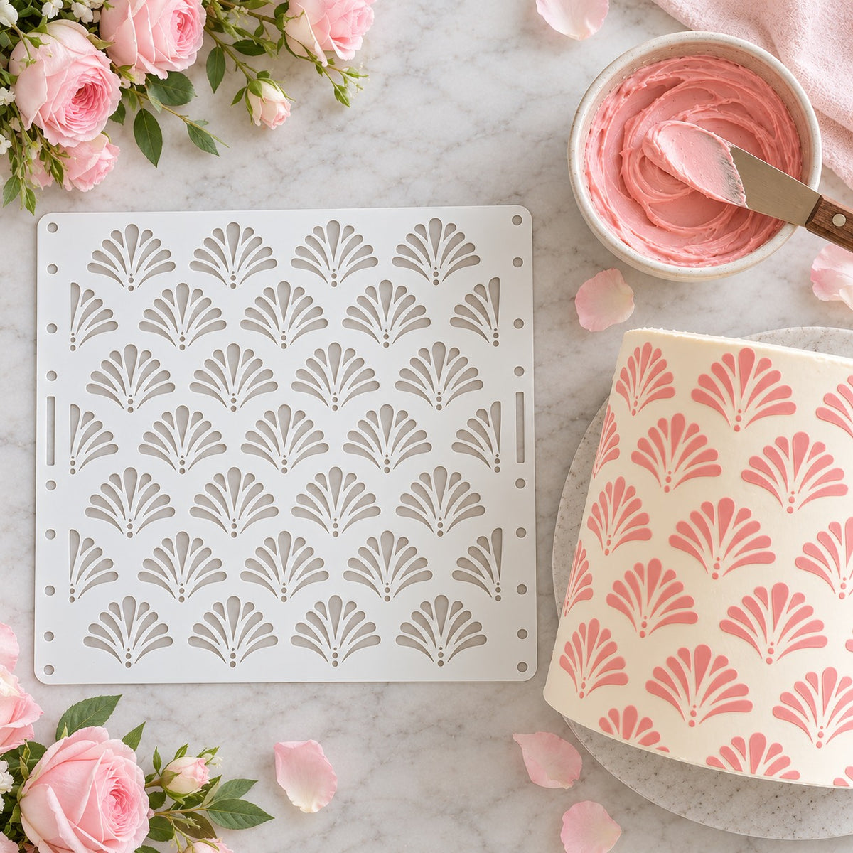Elegant Shells Large Pattern Cake Stencil - XL Size Design - flat lay of the stencil with royal icing