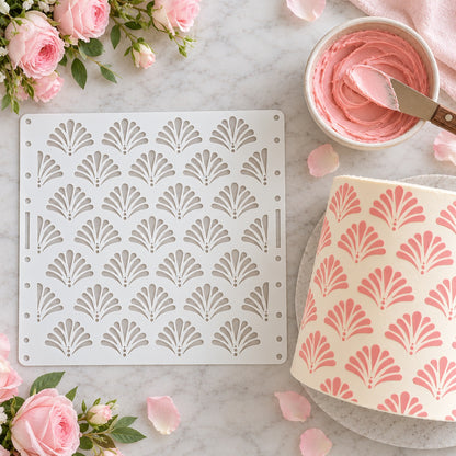 Elegant Shells Large Pattern Cake Stencil - XL Size Design - flat lay of the stencil with royal icing