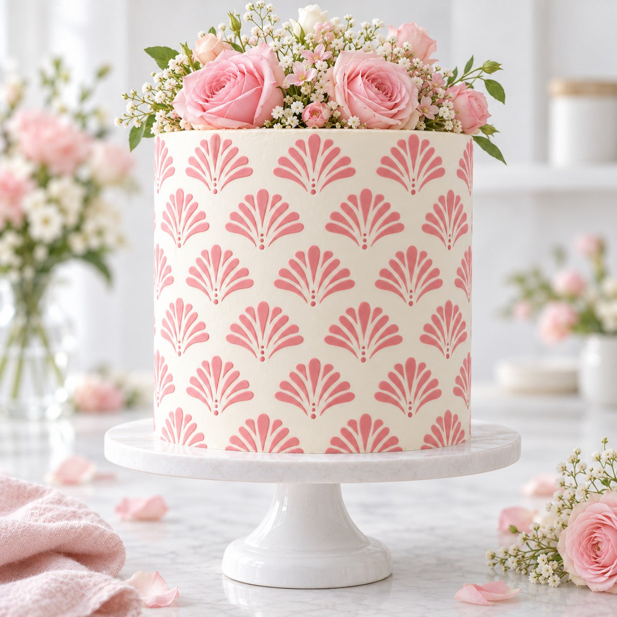 Elegant Shells Large Pattern Cake Stencil - XL Size Design - cake decorated with the stencil design