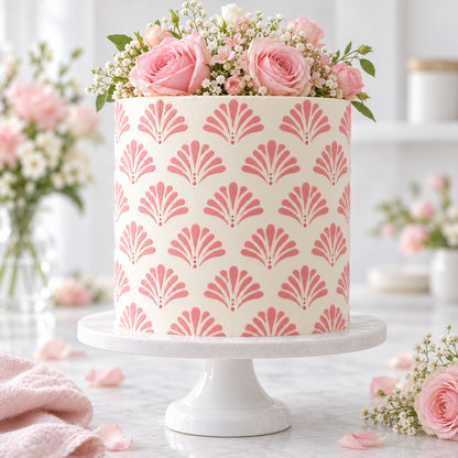 Elegant Shells Large Pattern Cake Stencil - XL Size Design - cake decorated with the stencil design