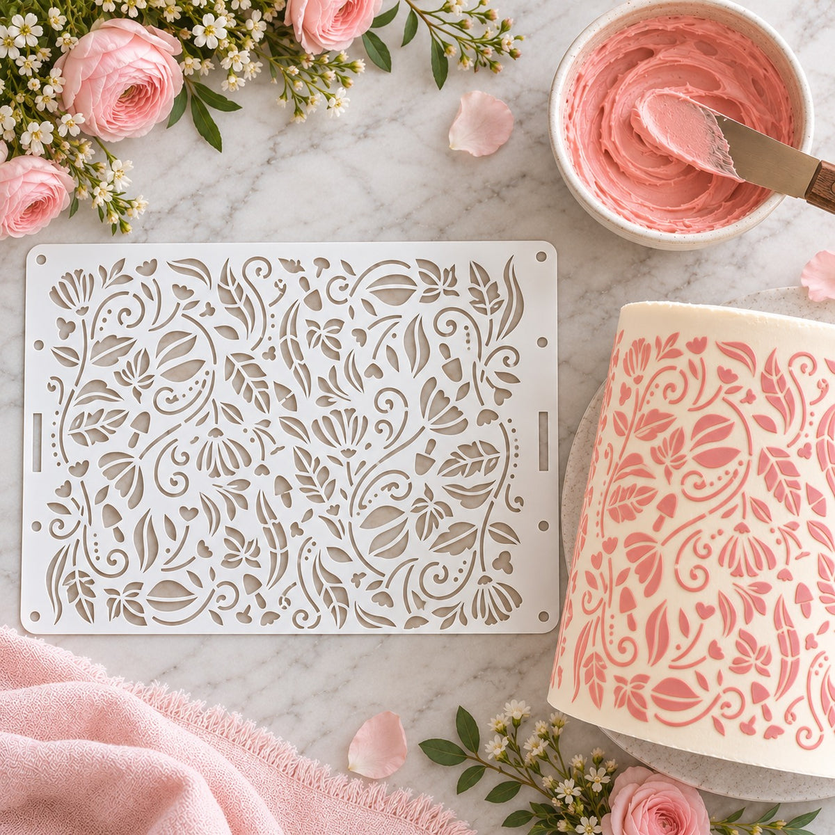 Enchanting Forest Cake Stencil - Full Size Design - flat lay of the stencil with royal icing