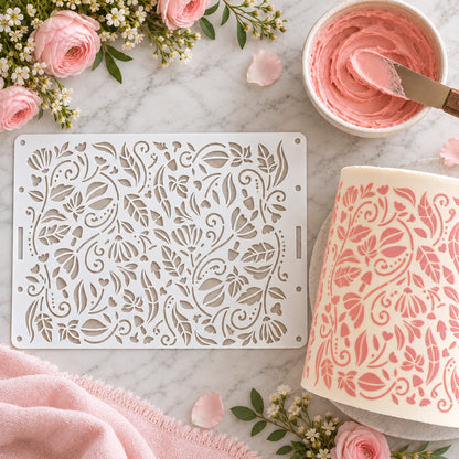 Enchanting Forest Cake Stencil - Full Size Design - flat lay of the stencil with royal icing