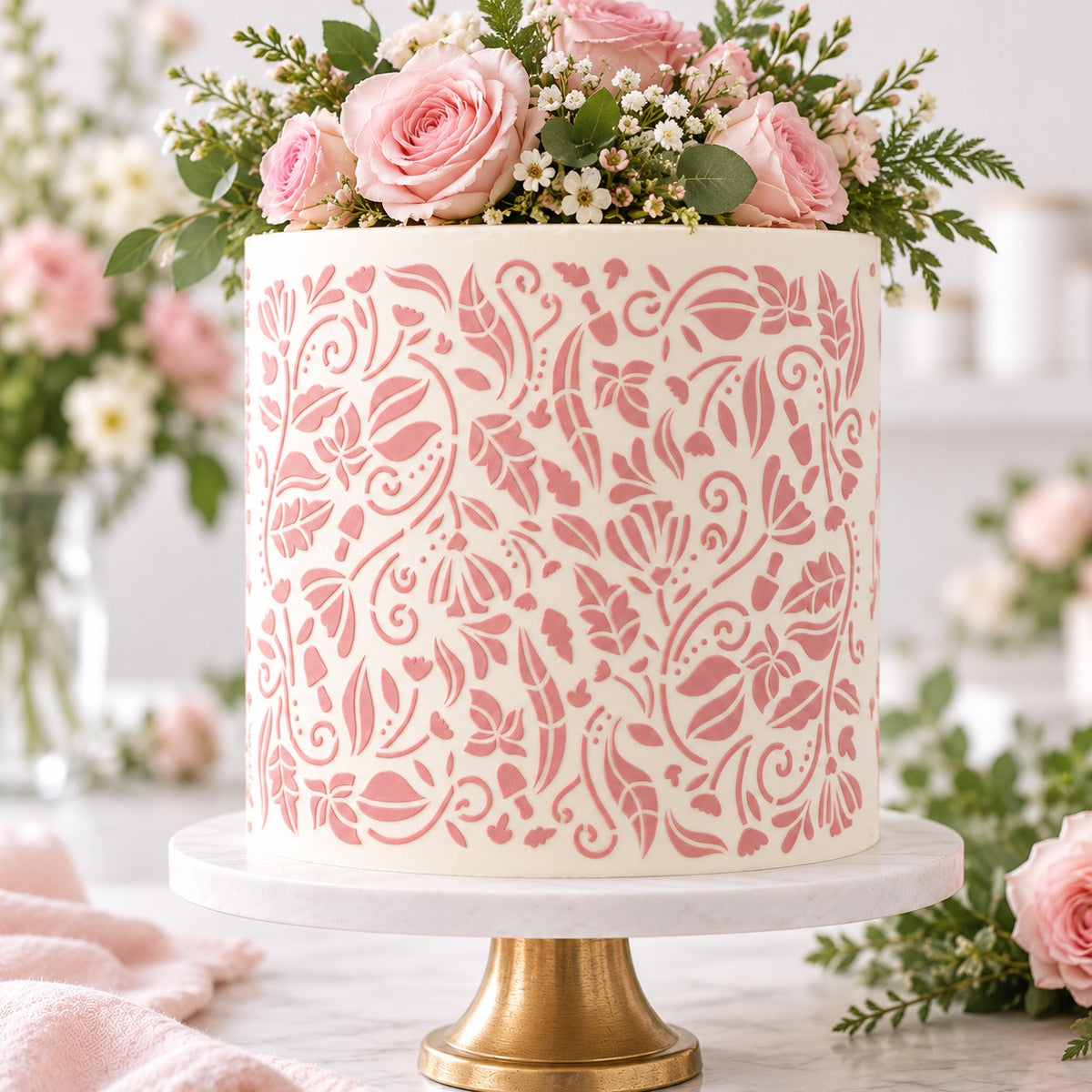 Enchanting Forest Cake Stencil - Full Size Design - cake decorated with the stencil design