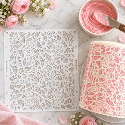 Enchanting Forest Cake Stencil - XL Size Design - flat lay of the stencil with royal icing