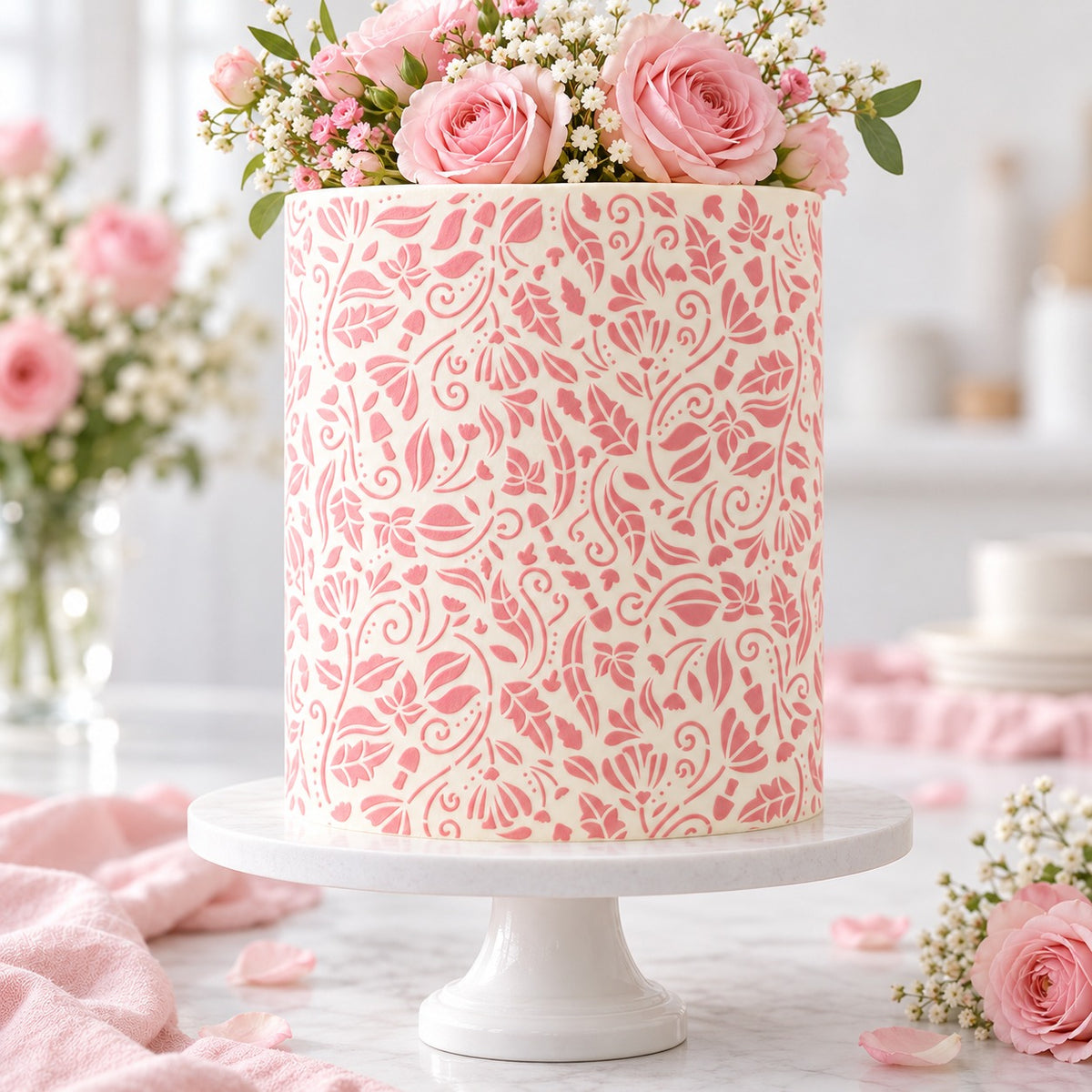 Enchanting Forest Cake Stencil - XL Size Design - cake decorated with the stencil design